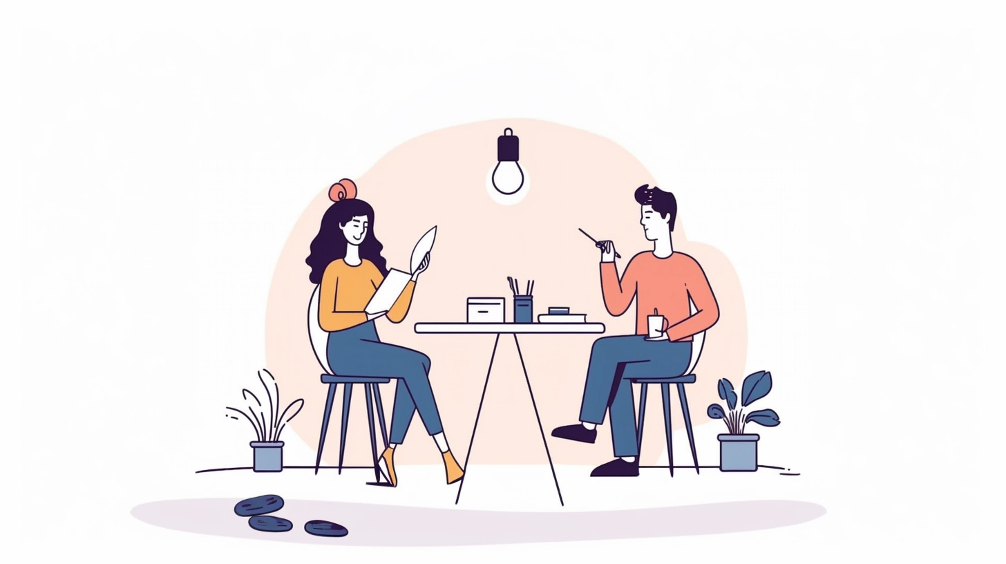two people sitting at table and discussing creative work