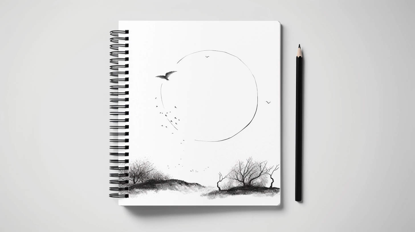 top-down view of sketch book with pencil on table