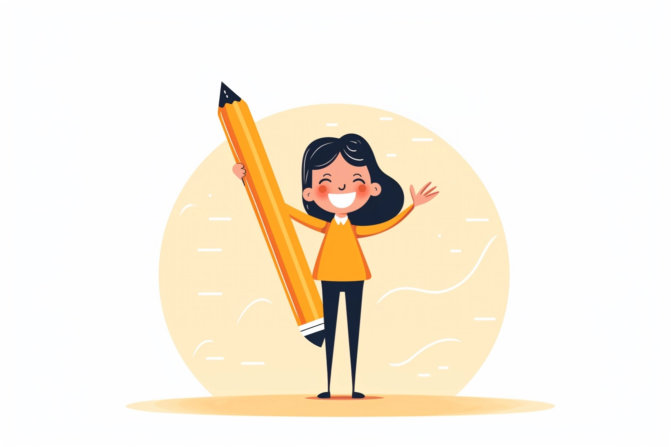 a happy girl holding a giant pencil