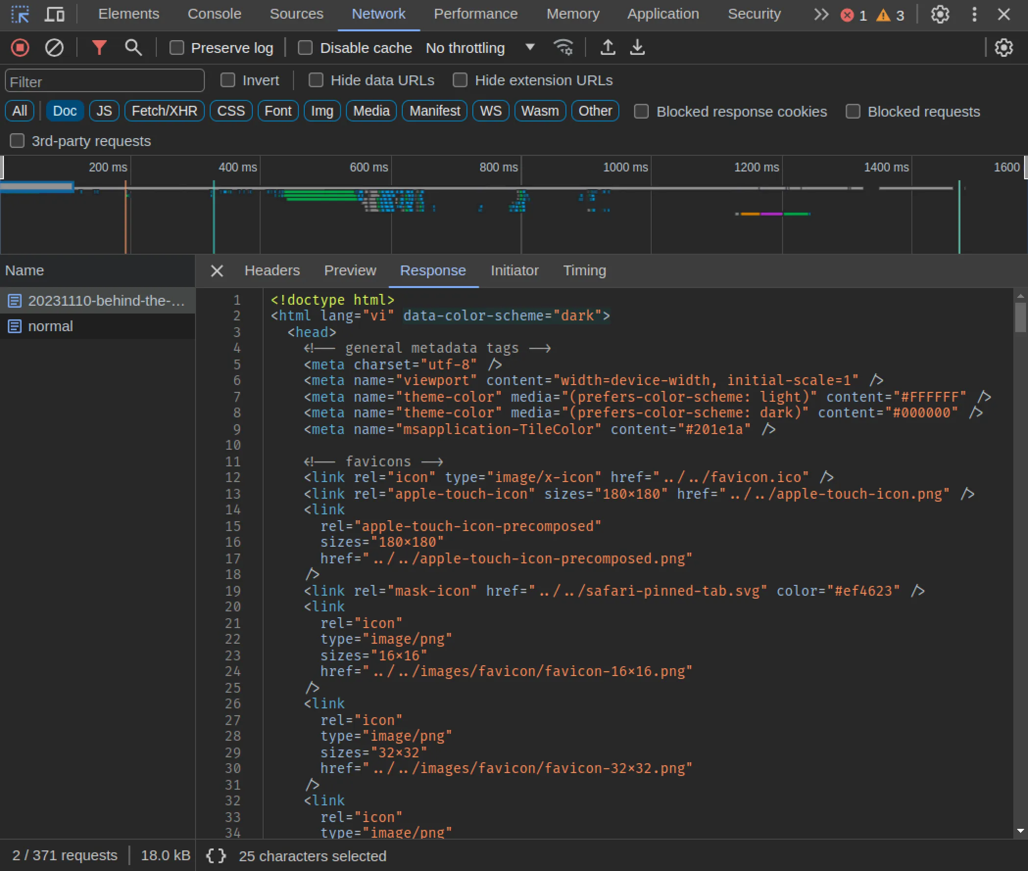 Chụp màn hình cửa sổ Network, Devtook của Chrome, hiển thị đúng thuộc tính data-color-scheme