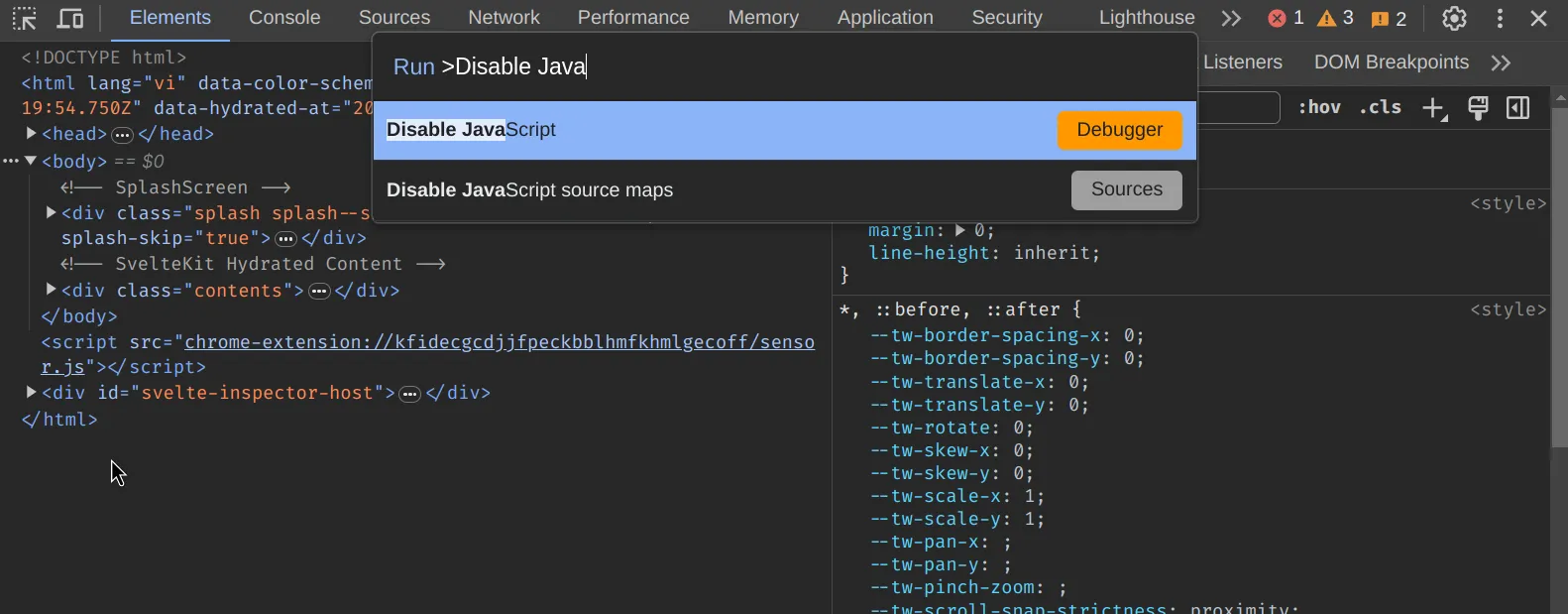 screenshot of devtool with the text Disable Javascript typed into the command palette