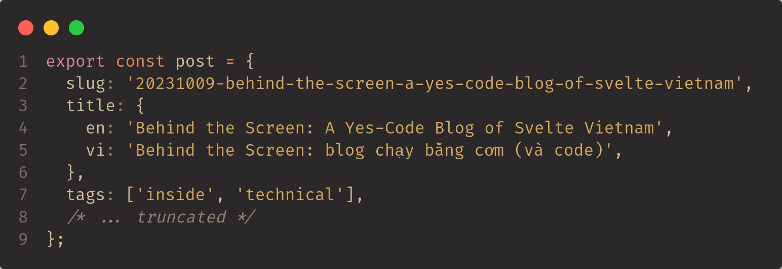 screenshot of hardcoded post metadata object